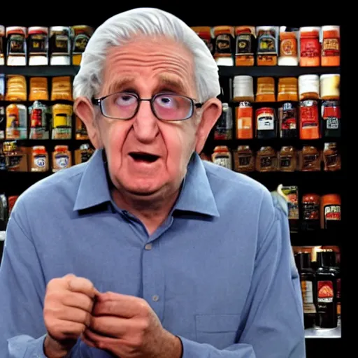 Image similar to thumbnail of hot ones with guest star Noam Chomsky