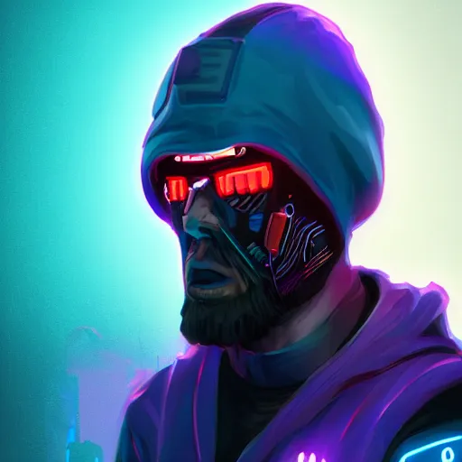 Image similar to a portrait of an ultradetailed futuristic male cyberpunk wearing a hoodie on his head, bearded, deep blue eyes, by dylan kowalski, 8 k, purple neon colours, digital painting, trending on artstation