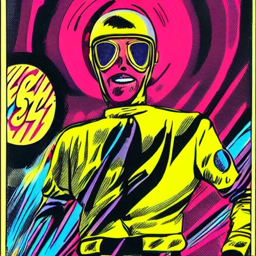 Prompt: alien male race car driver in a 70s comic book, retro, colorful, dynamic