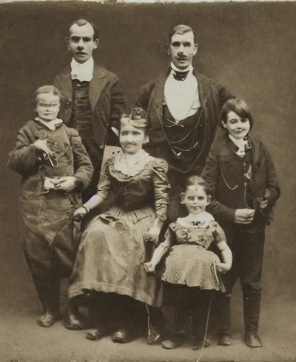 Prompt: a sepia photograph of a smiling victorian era family. in the background there is a strange and menacing steampunk cyborg