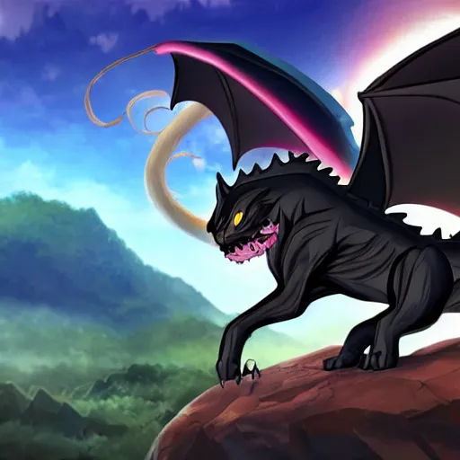 Prompt: an anime black cat riding a dragon over a vast fantasy landscape