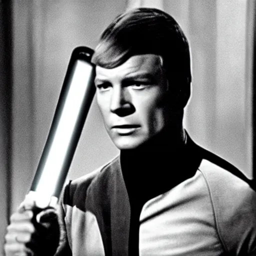 Prompt: captain kirk in Star Trek TOS holding a lightsaber, looking serious