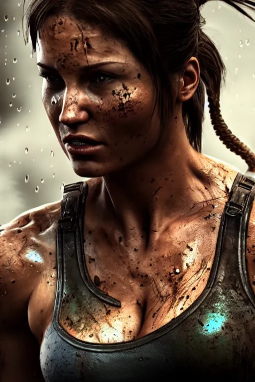 Image similar to candid action photographic portrait muscular sweat lara croft, covers with mud exhausted face close up, highly detailed, moody emotional cinematic, pouring iridescent rain, 8 k, hd, high resolution, ultra realistic faces 8 k