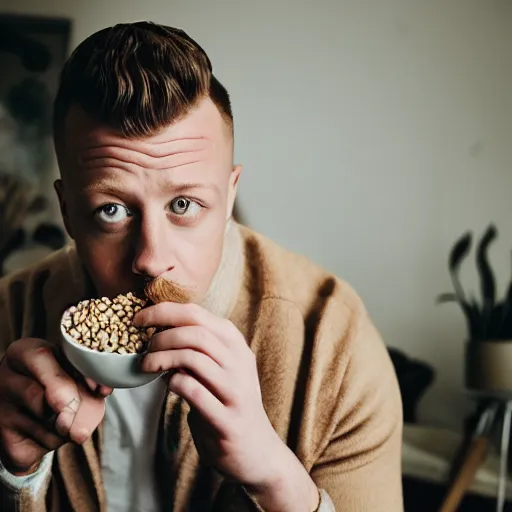 Prompt: macklemore eating cereal at home, photography, depth of field, 7 0 mm lens, studio lighting,