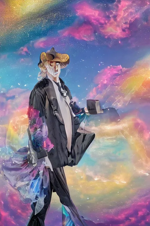 Image similar to Ethereal safari landscape with a pink rainbow sky under a god moonstone, black leather and embroidered Lolita dapper bespoke avant-garde tuxedo in velvet, black and gold rich color, dramatic cinematic lighting, featured on Artstation, extremely detailed by Lisa Frank