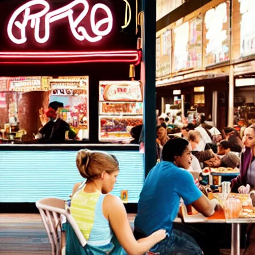 Prompt: diner scene, bottom left of photo is a black couple arguing, bottom right of photo is a white man reading a book, centre of photo is a waitress on rollerskates, top of photo is a neon sign saying breakfast