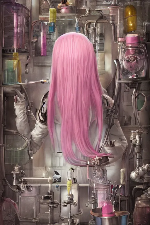 Image similar to highly detailed, industrial photography, profile view of adult princess bubblegum from adventure time, working in her science lab, wearing lab coat, long bubblegum hair, long straight bangs, confident, beautiful, attractive, illustration concept art by nicoletta ceccoli, mark ryden, lostfish, detailed and intricate environment, 8 k resolution, hyperrealistic, octane render