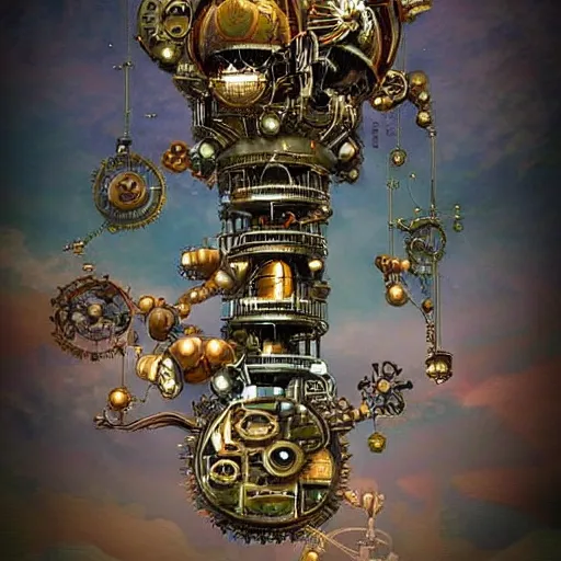 Prompt: flying city in a mechanical flower flower, sky, steampunk!!!, fantasy art, steampunk, masterpiece