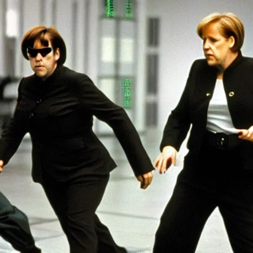 Prompt: Angela Merkel fighting Neo in the matrix movie