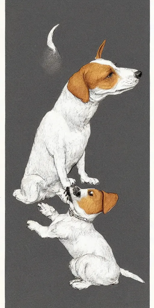 Prompt: jack russel dog, highly detailed, side view, howling!!!, illustrated by peggy fortnum and beatrix potter and sir john tenniel