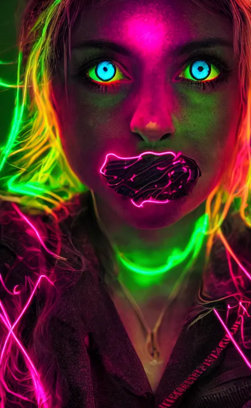 Prompt: A woman with glowing eyes, neon on black, Sony a7R IV, symmetric balance, polarizing filter, Photolab, Lightroom, 4K, Dolby Vision, Photography Award