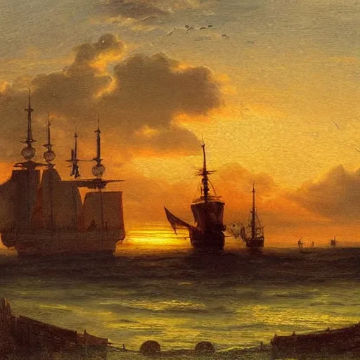 Prompt: medieval ship on the sea, sunset, painting style, achenbach