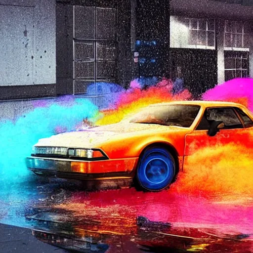 Image similar to hyperrealistic explosions of a expensive, colorful sports car, the explosions is made out of colorful particles, the scene is set in a seedy new york of 1 9 8 0 s, the weather is rainy and the street full of puddles, the puddles and buildings are reflecting the explosion