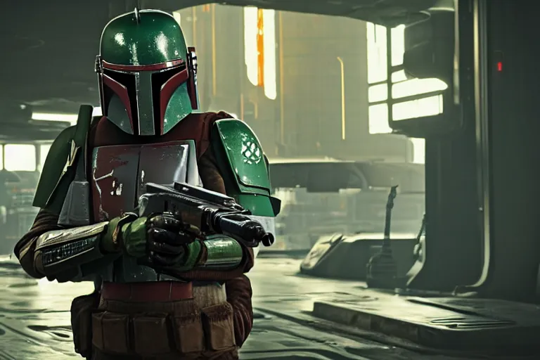 Image similar to boba fett in cyberpunk 2077