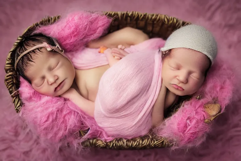 Image similar to beautiful sleeping newborn chubby baby girl wrapped in pink blanket inside a wooden basket on top of flowers and a furry pink carpet, newborn photography style, photographic, ultra realistic, highly detailed, octane render