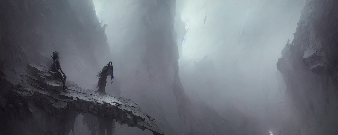 Image similar to she peers into the abyss and sees the abyss looking back at her, dramatic cinematic lighting, smooth, sharp details, intricate, sad and powerful painting by beksinski and ruan jia and greg rutkowski and android jones