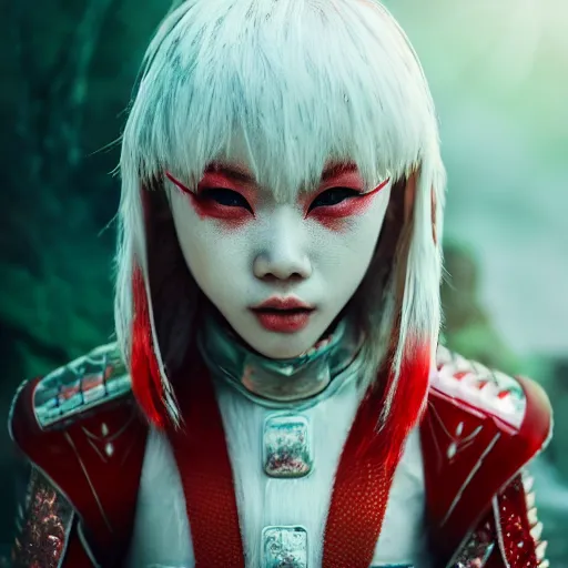 Image similar to beautiful albino Asian girl red and white armor, unreal engine octane, colorful, portrait, gliter, depth of field, 8k, epic light