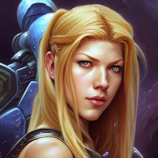 Image similar to beautiful Katheryn Winnick as Samus Aran, western, closeup, D&D, fantasy, intricate, elegant, highly detailed, digital painting, artstation, concept art, matte, sharp focus, illustration, art by Artgerm and Greg Rutkowski and Alphonse Mucha