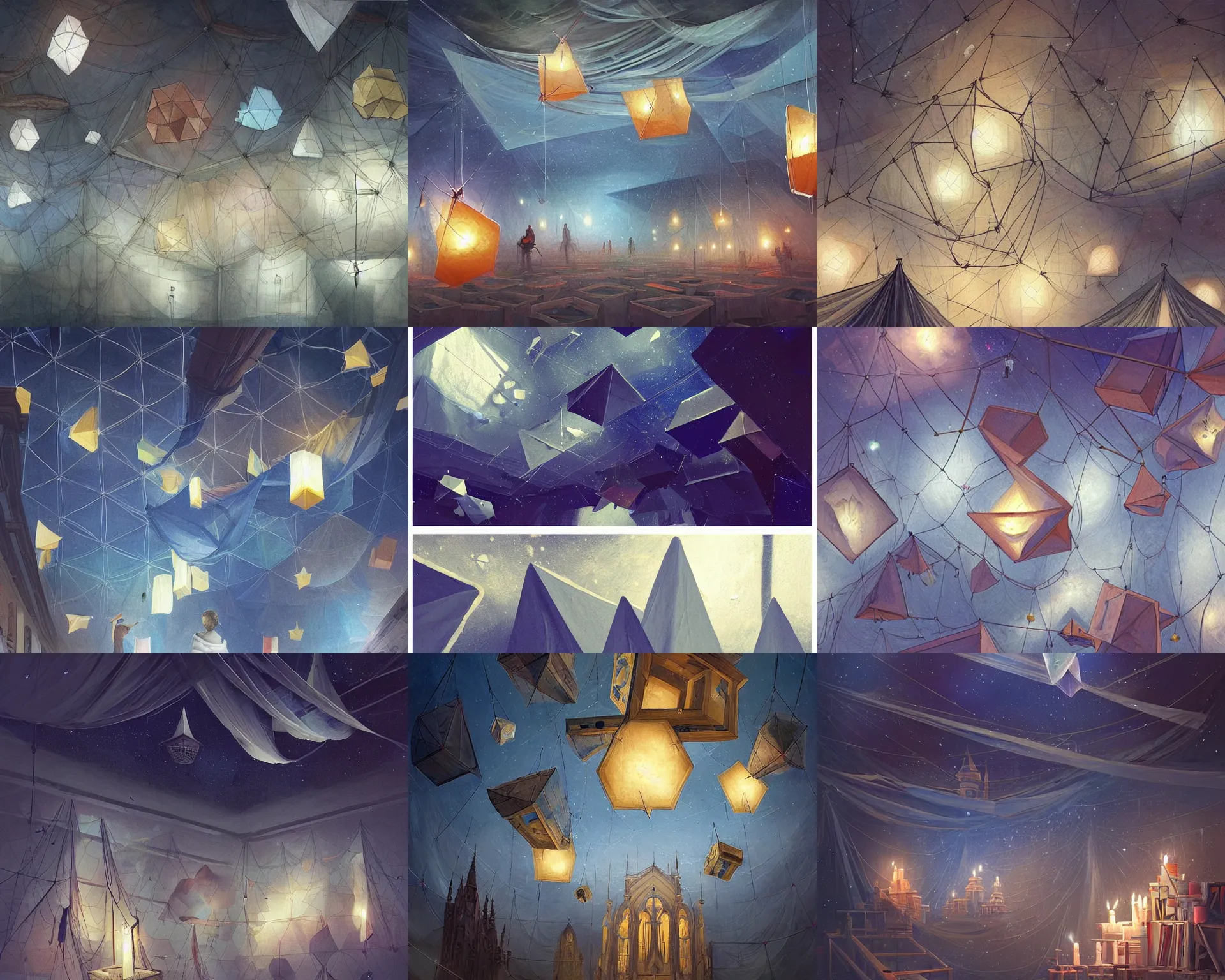 Prompt: tarps hanging from the ceiling making art and hexagons in space being caught with large walls coming from the ground in a museum, floating candles, rings, magic, painters, origami, spires, light dust, magnificent, close up, details, sharp focus, elegant, highly detailed, illustration, by Jordan Grimmer and greg rutkowski and PiNe(パイネ) and 薯子Imoko and 香川悠作 and wlop and maya takamura, intricate, beautiful, Trending artstation, pixiv, digital Art