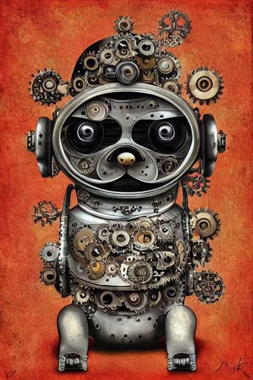 Prompt: robot pug, made of cogs, fairytale, magic realism, steampunk, mysterious, vivid colors, by mark ryden
