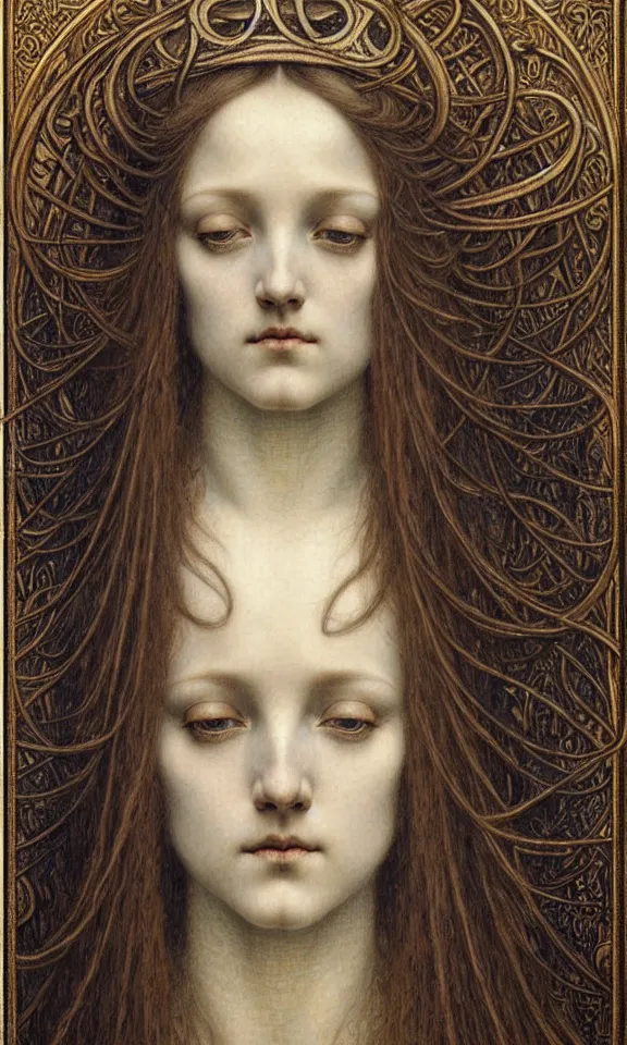 Image similar to detailed realistic beautiful young medieval queen face portrait by jean delville, gustave dore and marco mazzoni, art nouveau, symbolist, visionary, gothic, pre - raphaelite. horizontal symmetry