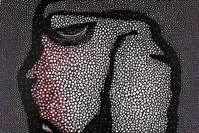 Image similar to face made out of evil, faceless people dark, dots, drip, stipple, pointillism, technical, abstract, minimal, style of francis bacon, asymmetry, pulled apart, cloak, hooded figure, made of dots, abstract, balaclava, colored dots