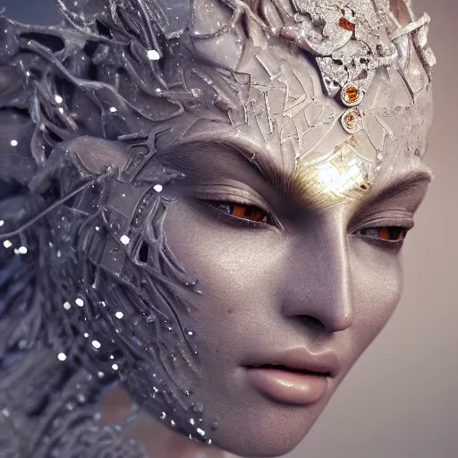 Image similar to full body detailed, ethereal, biomechanical, covered in diamonds and other gems glowing, highly detailed face, elegant posed, intricate, extremy detailed, beeple, cgsociety, 3 d unreal engine octane render. cinematic lighting, highly detailed 4 k art