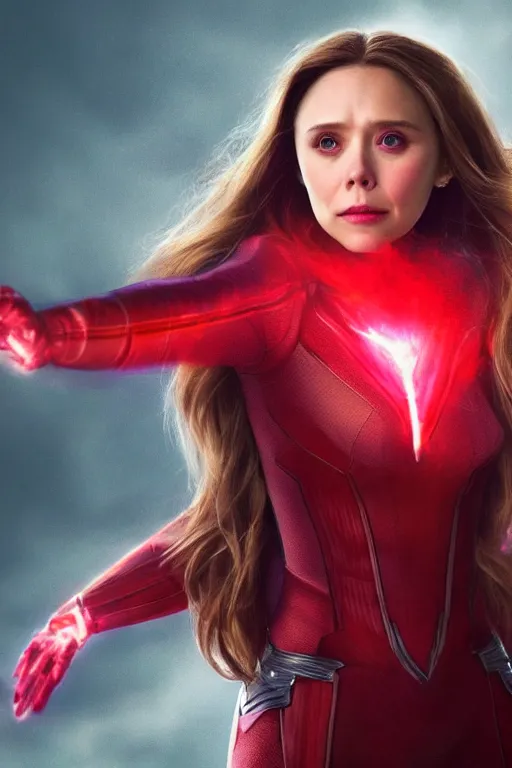 Image similar to movie still of elizabeth olsen as scarlet witch developing a barrier of red energy enveloping her body!!!!!, photorealistic art style, fantasy aesthetic. full - body photography, comprehensive art, thorough details, intricate, artstation, cgsociety contest winner