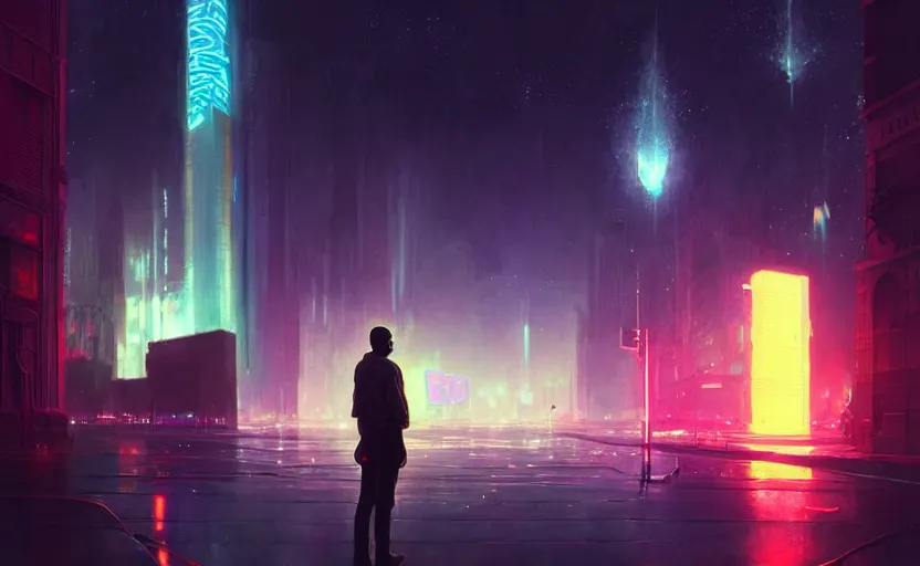 Image similar to single handsome black genius staring intently at floating three dimensional holographic displays, urban atmosphere, glowing lights, highly detailed, digital painting, artstation, concept art, smooth, sharp focus, illustration, art by wlop, mars ravelo and greg rutkowski