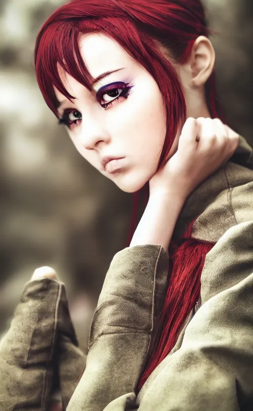 Prompt: portrait photo of a girl, highly detailed, high resolution, cosplay photo, stunning, ドールズフロントライン style, bokeh soft, shot on 70mm, zenithal lightning, trending on instagram, by award winning photographer, realistic human anatomy, real human faces, realistic military carrier, soldier clothing, modern warfare, empty hands, shot with a professional camera, low saturation, soldier clothing
