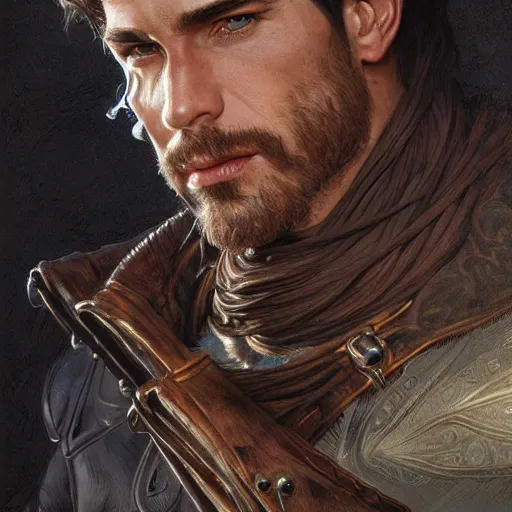 Prompt: portrait of a young, ruggedly handsome ranger, muscular, half body, leather, fantasy, intricate, elegant, highly detailed, digital painting, artstation, concept art, smooth, sharp focus, illustration, art by artgerm and greg rutkowski and alphonse mucha
