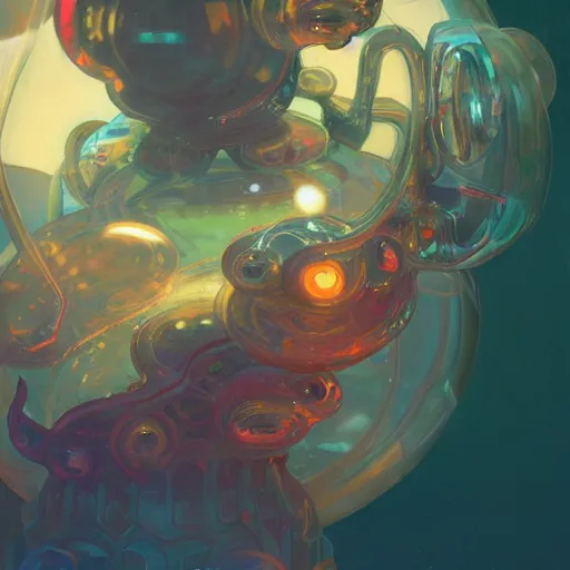 Prompt: close up of a large glass jar filled with many small colourful aliens, digital painting, artstation, concept art, smooth, sharp focus, illustration, art by greg rutkowski and alphonse mucha