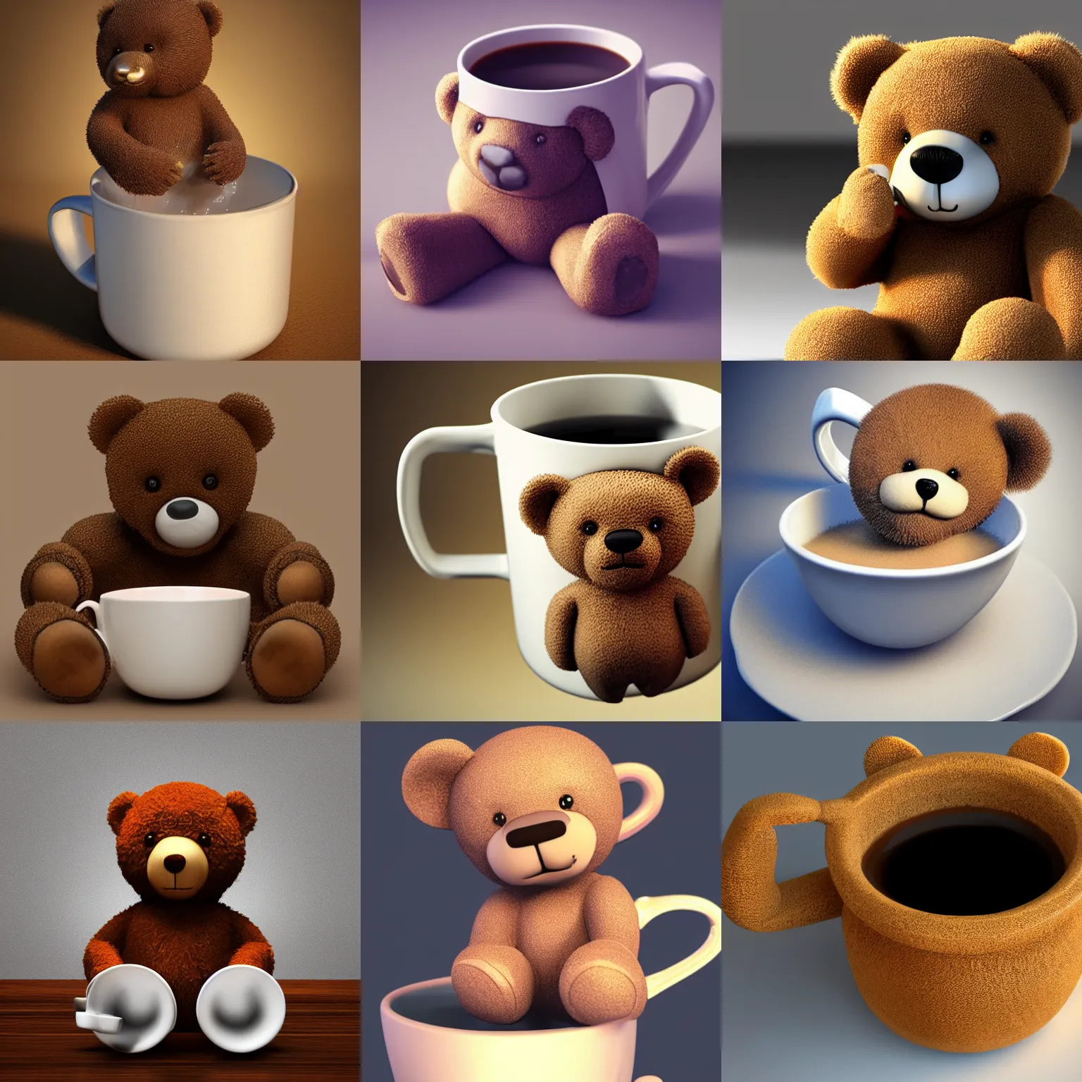 Prompt: a teddy bear bathing in a coffee cup, happy, 3 d render, photorealistic, trending on artstation
