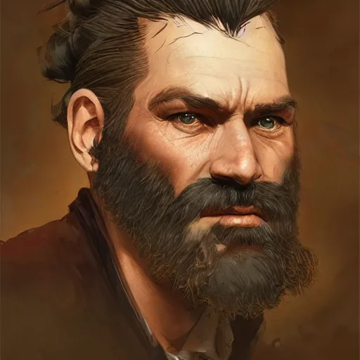 Prompt: bearded gunslinger, painted fantasy character portrait, headshot, fantasy, highly detailed, digital painting, artstation, concept art, sharp focus, illustration, art by the golden age of American illustration archive, simon bisley and frank frazetta, artgerm and greg rutkowski and alphonse mucha