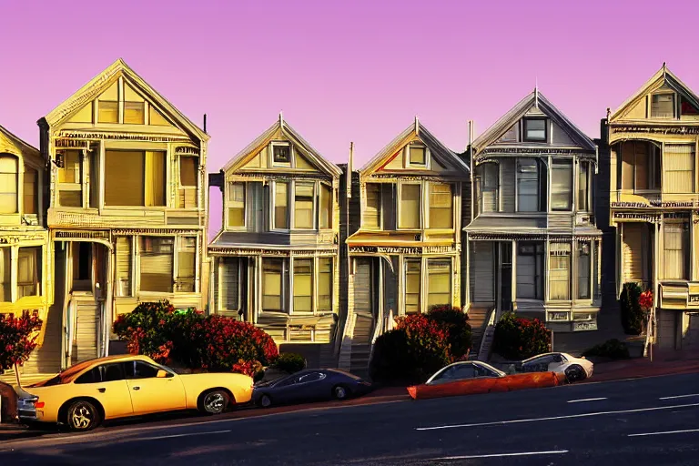 Image similar to typical San Francisco houses, award winning photograph, high exposure, golden hour, 15-30mm, panorama, autumn, car lights, photorealistic, 70s cars, 70s filter, shadows