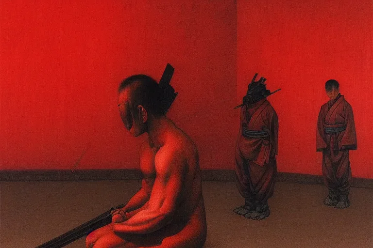 Image similar to only with red, a red samurai do seppuku, tokio, a lot of frogs watch, in the style of beksinski, parts by edward hopper, parts by rodcenko, parts by yue minjun, intricate and epic composition, red by caravaggio, insanely quality, highly detailed, masterpiece, red light, artstation, 4 k