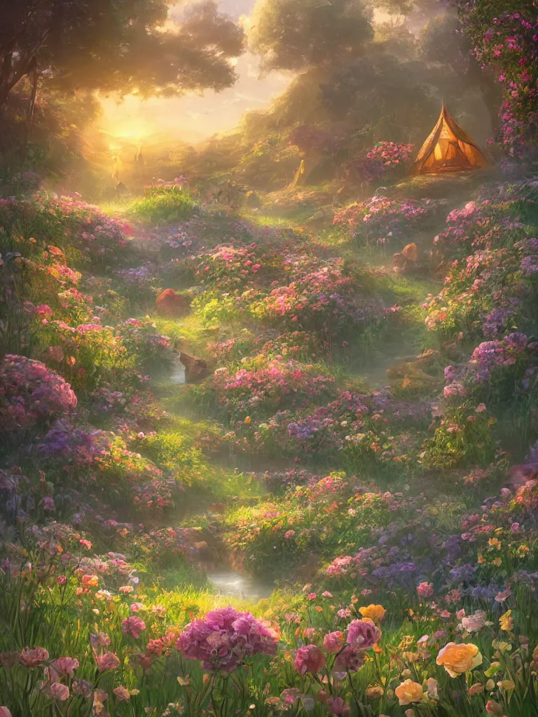 Prompt: a dream flower garden near a lakeside campsite environment where one draws mystical energy into their lives, background art, pristine concept art, small, medium and large design elements, golden hour, in the style of WLOP and Ross Tran