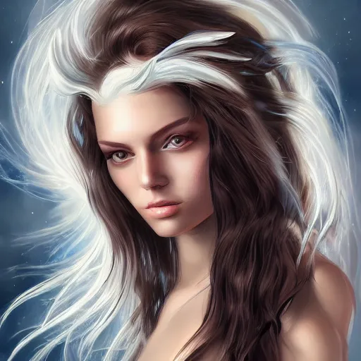 Image similar to A portrait of an attractive young female earth angel with beautiful long black hair, wind blowing and hair flowing , intricate, highly detailed, elegant, digital painting, trending on artstation