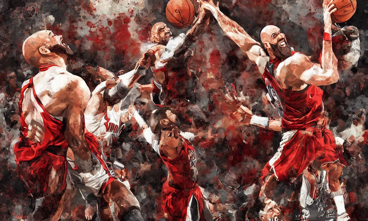 Image similar to a detailed digital painting rendition of kratos as lebron james throwing basketballs, art by norman rockwell