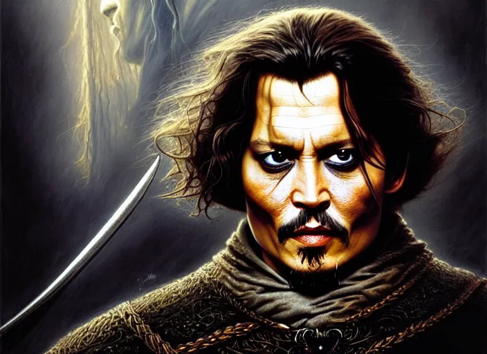 Image similar to wideangle!! portrait shot of johnny depp in the lord of the rings, intricate, elegant, highly detailed, centered, digital painting, artstation, concept art, smooth, sharp focus, illustration, artgerm, tomasz alen kopera, peter mohrbacher, donato giancola, joseph christian leyendecker, wlop, boris vallejo