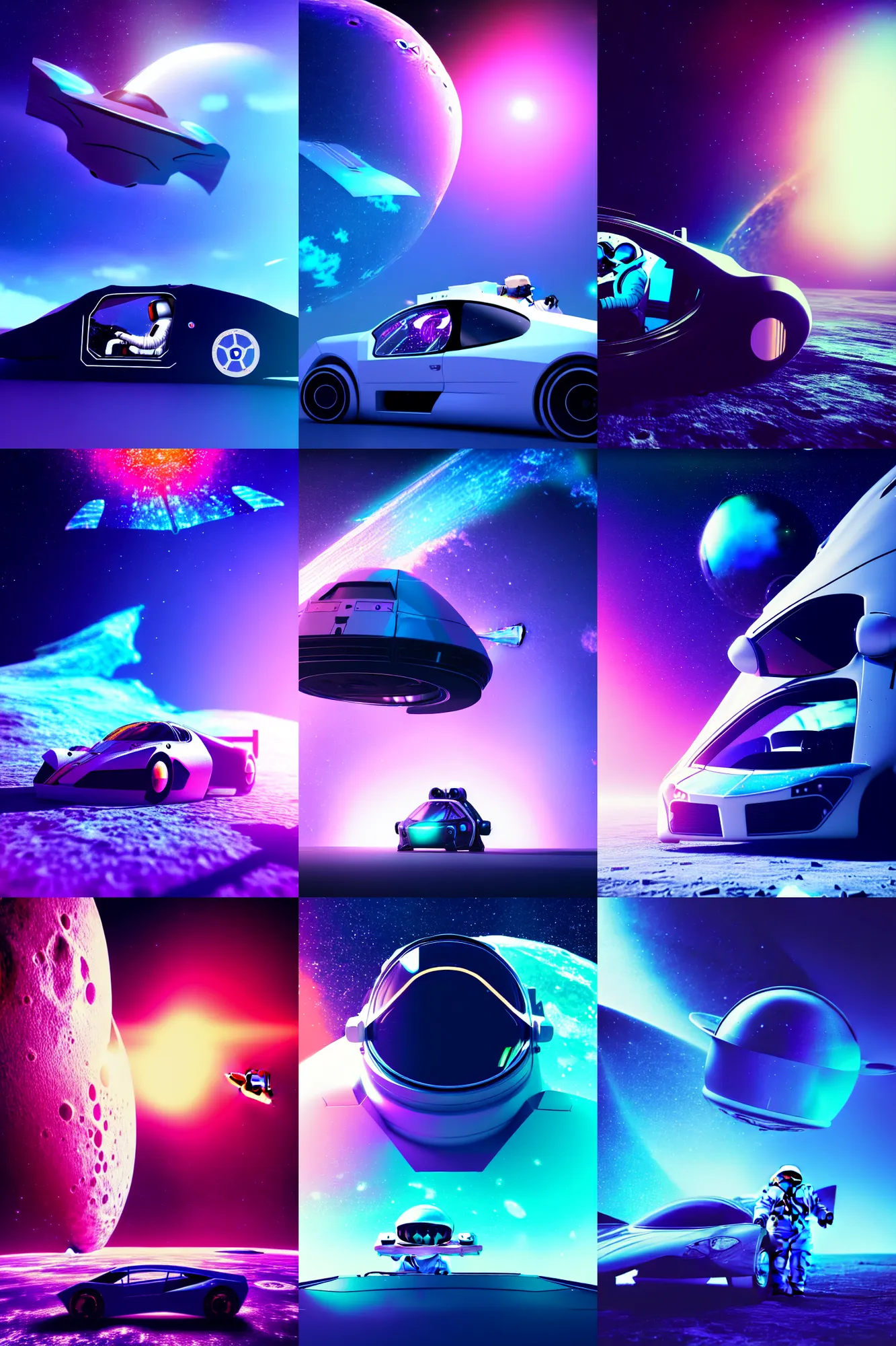 Prompt: an astronaut sitting inside a supercar on the moon, butterfly winged doors, in water, vaporwave light, galaxy in background, 4 k, trending on artstation, award winning, photorealistic, volumetric lighting, octane render,