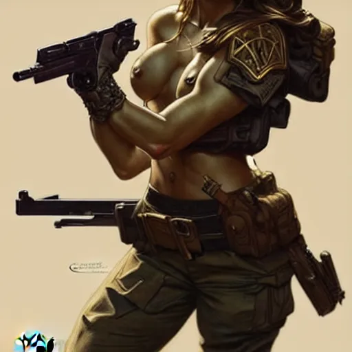 Prompt: hot female soldier carrying a gun, muscular upper body, D&D, fantasy, intricate, elegant, highly detailed, digital painting, artstation, concept art, smooth, sharp focus, illustration, art by artgerm and greg rutkowski and alphonse mucha