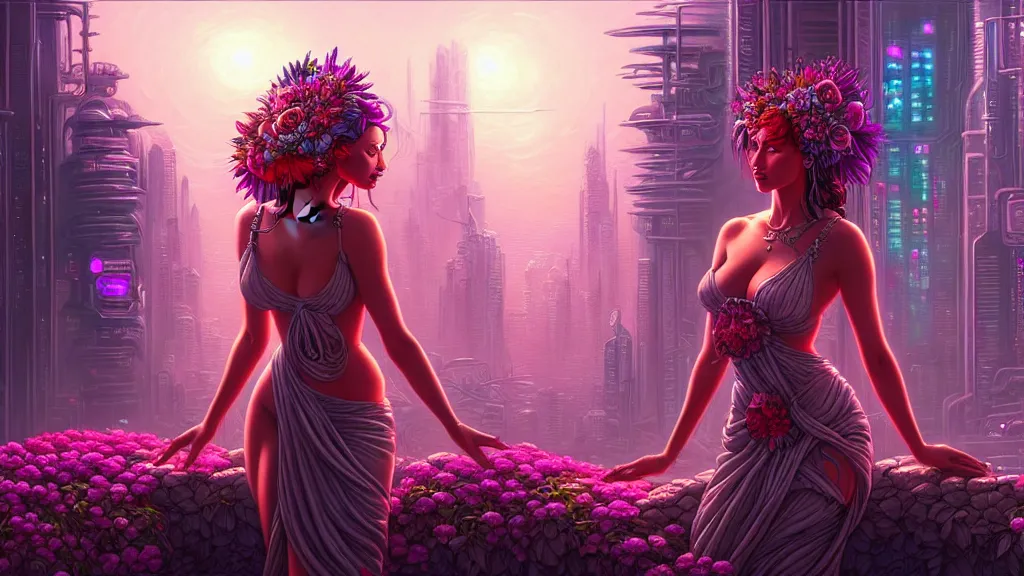 Prompt: a beautiful 4K portrait painting of a flower goddess in a sensual pose, in the style dan mumford artwork, in the background a futuristic cyberpunk city is seen.