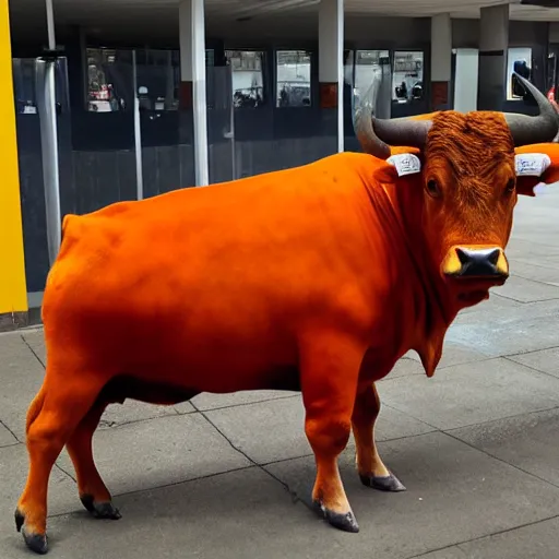 Image similar to bull wearing orange inmate clothes in a bullring