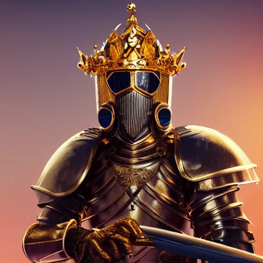 Image similar to a highly detailed knight in a T golden helmet and a golden crown with a blue diamond in the center, golden armor, leather clothes under the armor, leather gloves, holds a black sword, artstation, DeviantArt, professional, octane render, sunset lighting