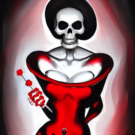 Prompt: Female death holding a red and black skull, kodachrome, high contrast, highly detailed, sharp focus, digital painting, concept art, illustration, trending on artstation