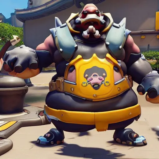 Image similar to Roadhog from Activision Blizzard’s Overwatch video game eats at McDonald’s with Obama