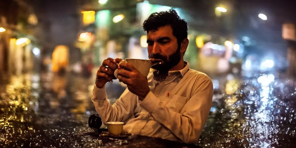 Image similar to man drinking tea during a rainy night in a busy street in lahore