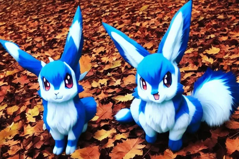 Image similar to real life glaceon pokemon, cute!!!, heroic!!!, adorable!!!, playful!!!, fluffly!!!, happy!!!, cheeky!!!, mischievous!!!, ultra realistic!!!, autumn, clear weather, golden hour, sharp focus