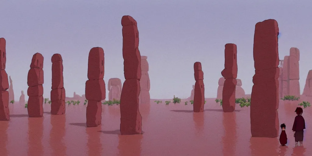 Image similar to a realistic cell - shaded studio ghibli concept art from paprika ( 2 0 0 6 ) of shouxing from close encounters of the third kind ( 1 9 7 7 ) in a flooded monument valley stonehenge. very dull colors, wide shot, hd, 4 k, hq